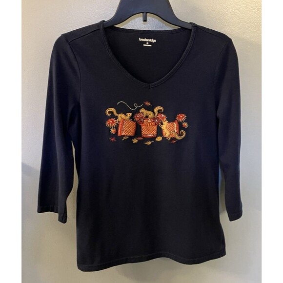 Breckenridge Embroidered Fall Theme Top Dark Blue Size M - Picture 1 of 7